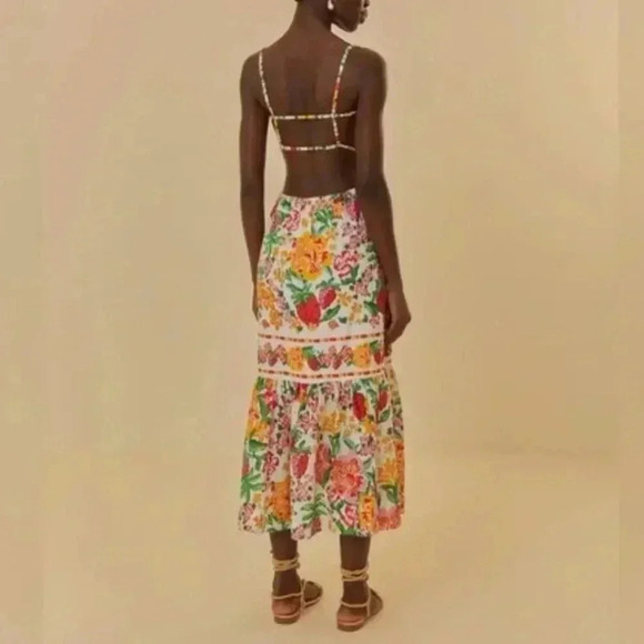 NWT FARM Rio Floral Sketch Tiered Cotton Tropical Backless Strappy Midi Dress L - Picture 8 of 11